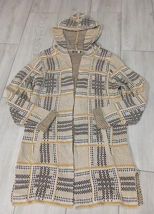 Вязаный кардиган длинный (пальто-кардиган) pep &amp; co с капюшоном, размер m (40), бежевый/горчичный/черный, в стиле печворк