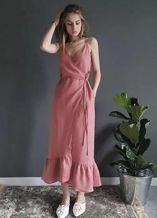 Лляна сукня міді  рожевого кольору  на запах розмір xs-s