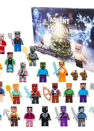 Адвент-календар містить 24 віконця з міні-фігурками та аксесуарами персонажів minecraft.