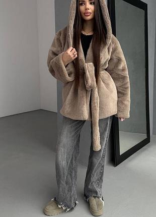 Крутевая шубка с капюшоном👌ткань мутон укороченная с поясом, шуба теплая