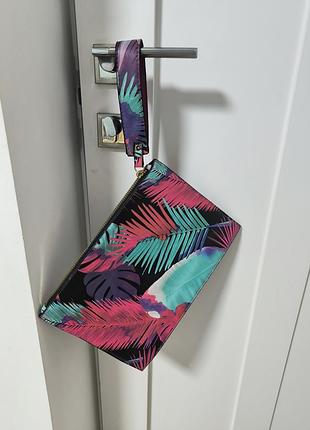 Сумка клатч з тропічним принтом с тропическим принтом кожа кожанная шкіра шкіряна чорна рожева бірюзова замша замшева