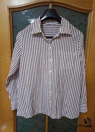 Нежная хлопковая рубашка в бордово-коричневую полоску,р.м