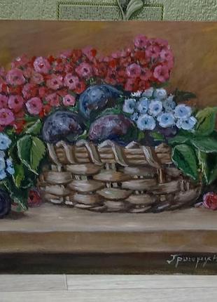 Картина маслом, натюрморт с сливами и цветами, масляная живопись