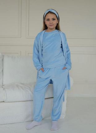 Велюровая пижама с халатом, 5 в 1 для девочки, велюровый домашний комплект для девочки