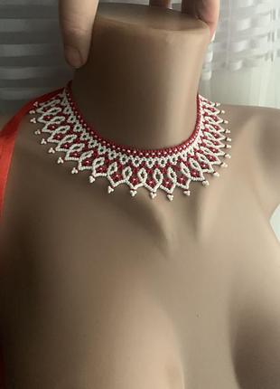 Нове біло червоне національне українське святкове намисто силянка подарунок кольє буси гердан етно бісер