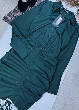 Нова коротка сукня m плаття сорочка коротке плаття з драпіруванням сукня з об’ємними рукавами на манжетах смарагдова сукня