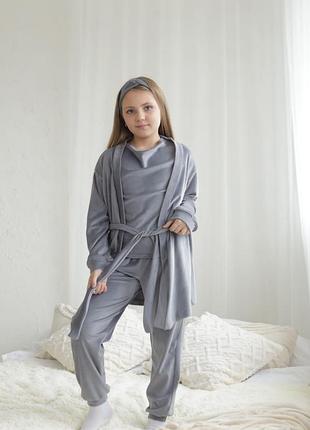 Велюровая пижама с халатом, домашний велюровый комплект пять в одном,