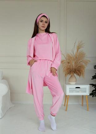 Велюрова піжама з халатом, велюровий домашній комплект п'ять в одному