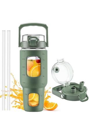 Скляний стакан bluego 40 1200ml унцій з кришкою та трубочкою, скляні пляшки для води з ручкою. колір олива