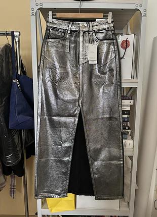 Спідниця джинсова mango міді з срібним напиленням металізована тренд