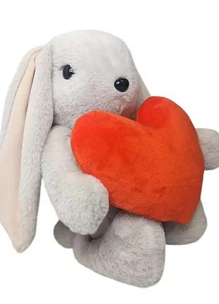 Мягкая играшка "зайка с сердцем" серый 30 см , игрушка подушка сердце с зайчиком