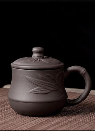 Чашка з кришкою бамбук чорна 150 мл кухоль із глини для чаю та кави зі зручною кришкою