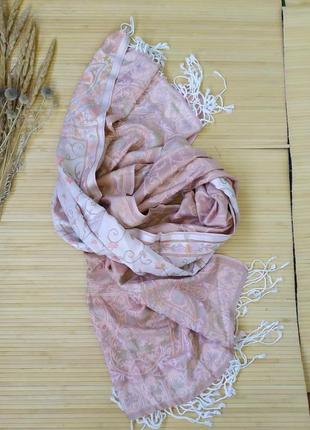Широкий двусторонний  шерстяной шарф палантин бежево розовый с узором шерсть шелк