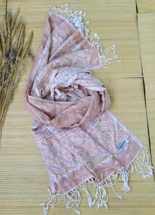 Широкий двусторонний  шерстяной шарф палантин бежево розовый с узором шерсть шелк3 фото
