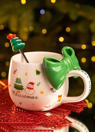Новогодняя фарфоровая чашка с ложкой merry christmas 400 (мл) зеленый fm-cs-19b fm-cs-19b