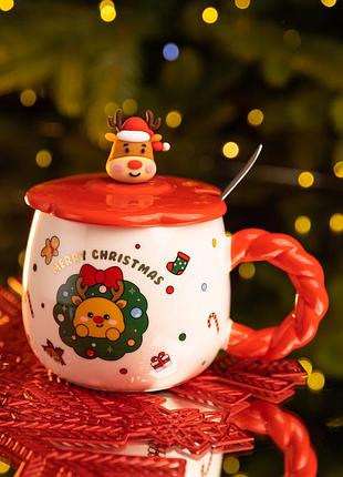 Новогодняя фарфоровая чашка "зимняя сказка" с крышкой 400 мл yiwu fm-cs-20a