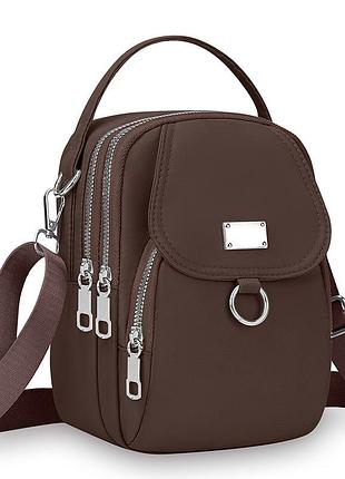 Жіноча маленька класична сумка 10649 крос-боді срібна фурнітура нейлон коричнева