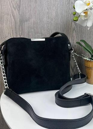 Женская замшевая сумка черная через плечо, небольшая женская сумочка натуральная замша ptr