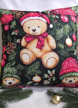 Новогодняя наволочка 40*40 с медведями, елки, хлопок, детские наволочки
