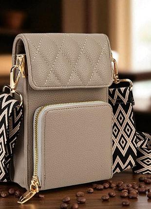 Женская сумочка клатч на плечо, стеганная мини сумка для телефона с широким ремешком серый ptr