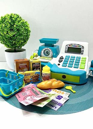 Детский игровой кассовый аппарат limo toy с продуктами весами деньгами голубой (7162-2 ua)
