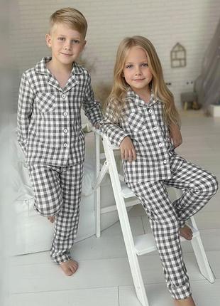 Пижама детская фланелевая теплая хлопковая для девочки серо-белая в клетку