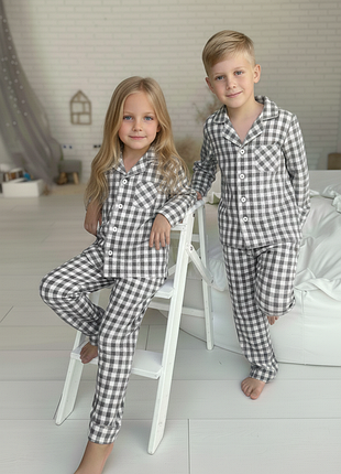 Пижама детская фланелевая в клетку серо белая теплая хлопковая пижама для мальчика унисекс