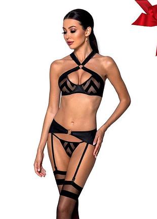 Сетчатый набор с узором, бюстгальтер, трусики, пояс для чулок passion hima set l/xl black so5352