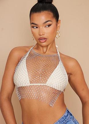Женское кольчужное украшение на тело с камнями silver diamante mesh halter neck prettylittlething серебристое