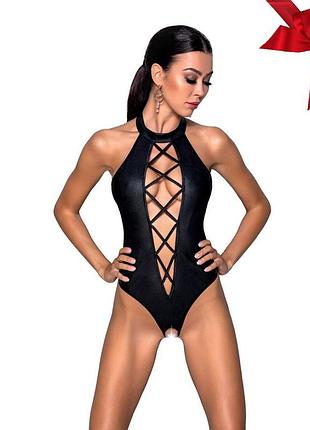 Боди из эко-кожи с имитацией шнуровки и открытым доступом passion nancy body xxl/xxxl, black so5372