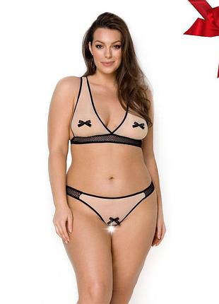 Комплект белья passion viena set 6xl/7xl, beige, лиф, стринги с доступом, бантики so7116