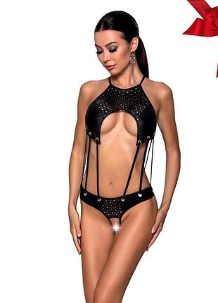 Боди с открытым доступом passion tasmina body l/xl black, экокожа, шнуровки, ажурные кружева so8488