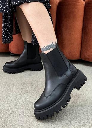 Зимние ботинки челси женские черные натуральная кожа набивной мех 5535