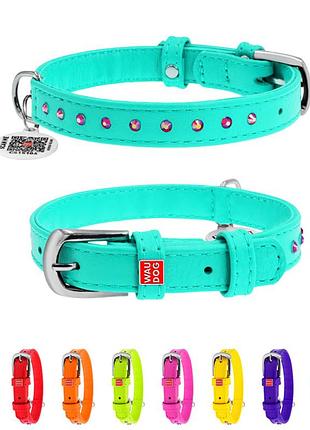 Ошейник для собак кожаный waudog glamour с qr паспортом, с клеевыми стразами, ш 12 мм, дл 21-29 см ментоловый
