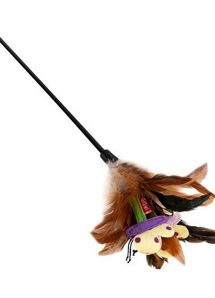 Игрушка для котов дражнилка с перьями на стеке gigwi teaser, перо, пластик, текстиль, 55 см