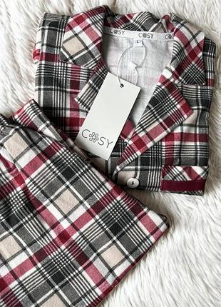 Пижама детская теплая фланель премиум для девочки хлопковая пижама в бордово-серую клетку