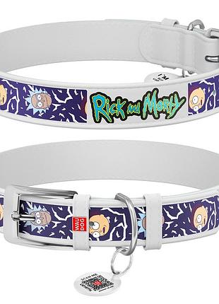 Ошейник для собак кожаный waudog design с qr паспортом, рисунок "рик и морти 2", xl, ш 35 мм, дл 46-59 см, белый