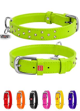Ошейник для собак кожаный waudog glamour с qr паспортом, с клеевыми стразами, ш 25 мм, дл 38-49 см салатовый