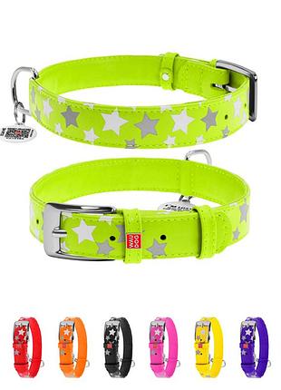 Нашийник для собак шкіряний waudog glamour з qr паспортом, візерунок "зірочка", світлонакопичувальний/світловідбивний, m, ш 20 мм,