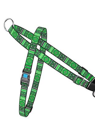 Шлея для собак быстросъемная waudog nylon с qr паспортом, рисунок "этно зеленый", пластиковый фастекс, ш 25 мм, а 60-80 см, в
