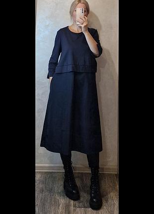 Темно-синее платье трапеция свободного кроя из плащевки taftah venice m-l