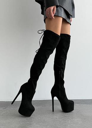 Европа черные демисезонные стрейчевые ботфорты на очень высоком каблуке