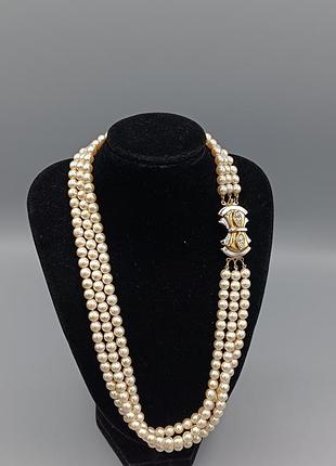 Вінтажне кольє з потрійних намистин зі штучних перлин з великою застібкою в стилі ар-деко