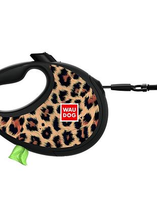 Поводок-рулетка для собак waudog r-leash с контейнером для пакетов, рисунок "леопард", светоотражающая лента, s, до 12 кг, 3 м