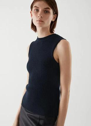 Топ темно - синий ребристый cos из органического хлопка майка блуза трикотажная в рубчик l xl