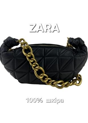 Кожаная сумка-багет на цепочке черная zara