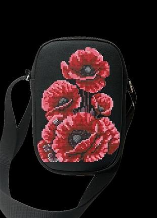 Мо5 маки-2 (22*13*5 см), набор для вышивки бисером сумки из черной экокожи