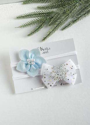 Набор новогодних повязок для девочки ручной работы бантики снежинка для новорожденного