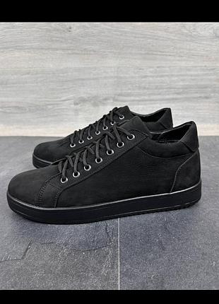 Зимние мужские ботинки натуральная кожа нубук черные, кожаные зимние мужские высокие кеды на меху 65