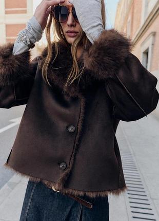 Двостороння шоколадна шубка бомбер zara